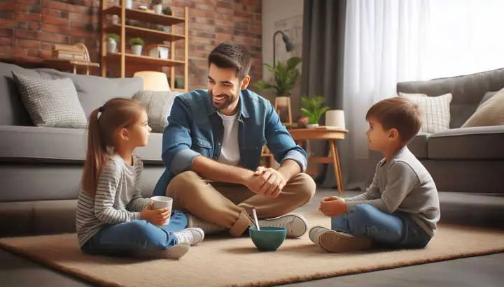 والدین در حال گفتگو درباره چالش‌های تربیتی کودکان و یافتن راهکارهای موثر